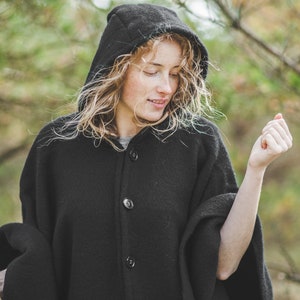 Wool Cape with a Hood Wool Poncho Hooded Ruana Cloak Mantle Fleece Wrap 100% Natural New Zealand Wool size 51 x 75 In Black color Gift image 1