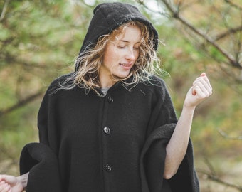 Wool Cape with a Hood Wool Poncho Hooded Ruana Cloak Mantle Fleece Wrap 100% Natural New Zealand Wool size 51 x 75 In - Black color Gift