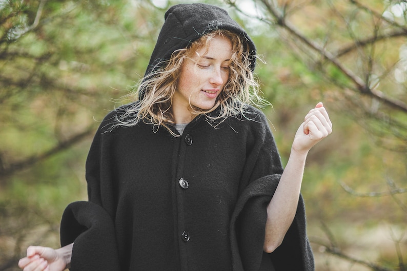 Wool Cape with a Hood Wool Poncho Hooded Ruana Cloak Mantle Fleece Wrap 100% Natural New Zealand Wool size 51 x 75 In Black color Gift image 1