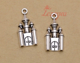 4 Castle Charms Antiqued Silver Fairy Tale Pendants Medieval 21mm Haunted