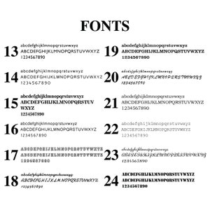 May include: A white background displays a variety of font styles, each numbered and showcasing the alphabet and numbers 1-0. The word "FONTS" is at the top in a bold, serif font.