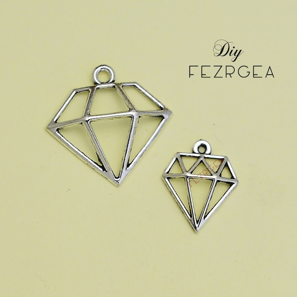 Antique silver Diamond charms. Open Diamond pendants.