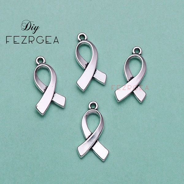 30PCS--22x12mm, Antieke zilveren Awareness Ribbon charmes.  Lint hangers.