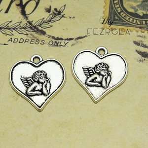 30PCS--19x18mm, Antique silver Fairy heart charms. Angel pendants.