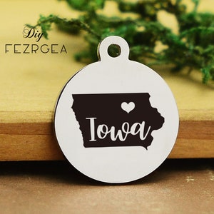 Carte de l'Iowa Stainless Steel Charm, Carte personnalisée de l'Iowa USA Charmes gravés, Charmes personnalisés/ Pendants, Charms De Bangle