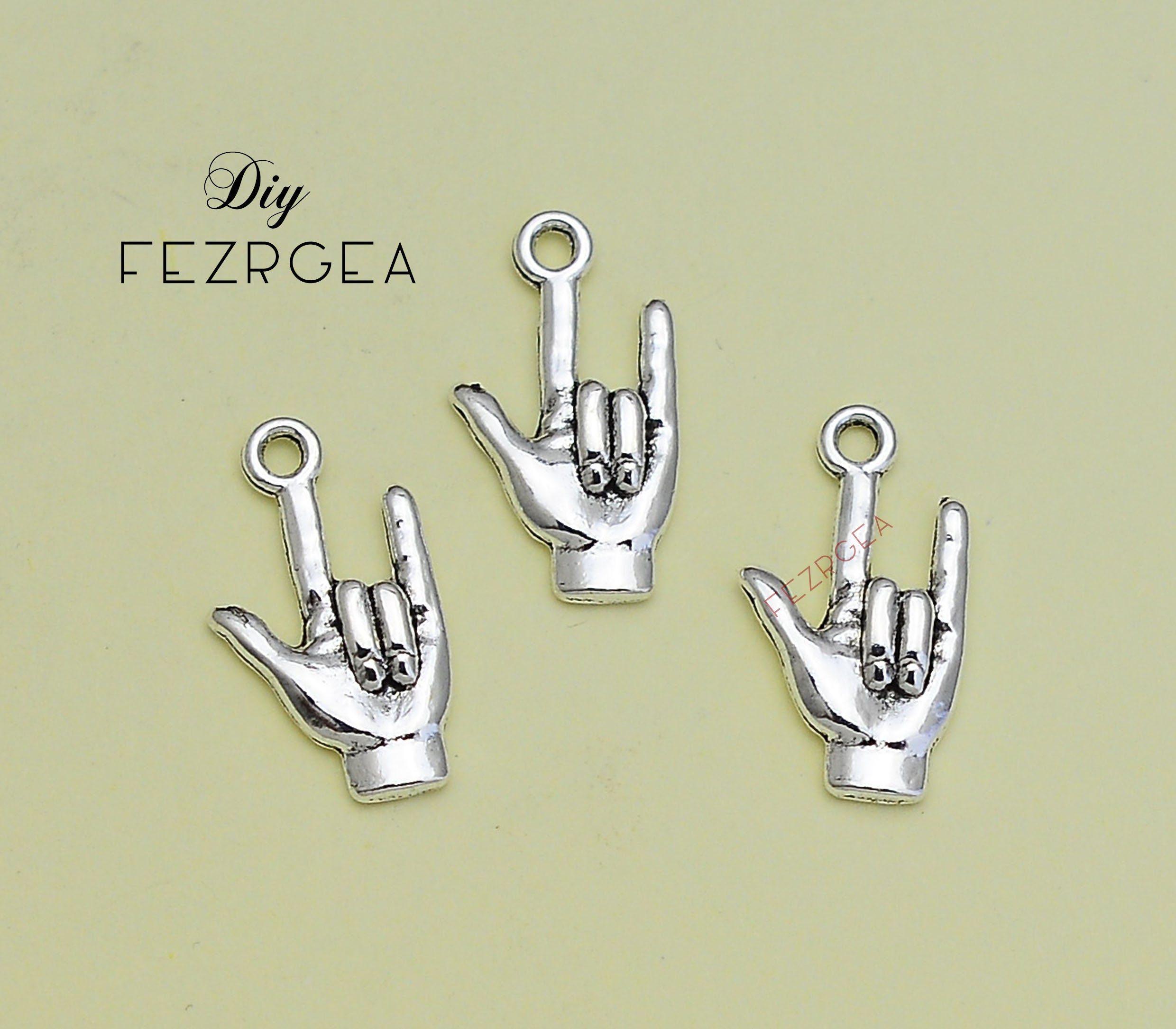 Y♡ 20PCS Antique Silver Hand Sign Charms. I Love You 2 Sided