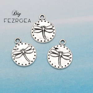 30pcs--15mm Antique Silver Color Round Dragonfly Tag Pendants For Jewelry Making Dragonfly Pendants Charm Dragonfly