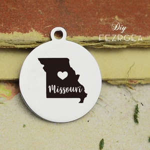 Missouri carte Stainless Steel Charm, Carte personnalisée de Missouri USA Charmes gravés, Charmes personnalisés / Pendants, Necklace Bangle Charms