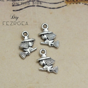 40PCS Antique silver Witch Riding Broom charms.2 sides Witch pendants. CM02
