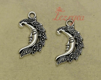 Pendentif Victorien Ancien - Lune Biface Deux Visages - Argent Massif 925 - Breloque Occasion