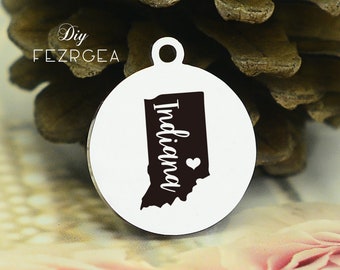 Indiana map Stainless Steel Charm,Personalized Map of Indiana USA Engraved Charms,Custom charmsPendants,Necklace Bangle Charms