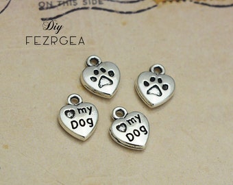 25PCS Antique silver Love my dog charms. with Heart Dog Paw pendants. CY1823
