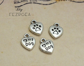 25PCS Antique silver Love my dog charms. with Heart Dog Paw pendants. CY1823