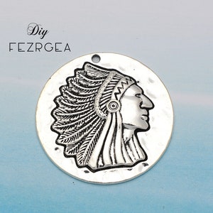 1pcs 42x42mm Indian Chief Head Charm Antique Silver Color Round Indian Chief Pendants Charm