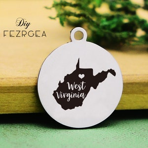 West Virginia carte Stainless Steel Charm, Carte personnalisée de la Virginie-Occidentale Etats-Unis Charmes gravés, Charmes personnalisés / Pendants, Necklace Bangle Charms