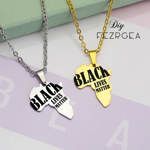 Les vies noires comptent Collier en acier inoxydable, collier personnalisé avec carte gravée de l'Afrique, collier personnalisé.