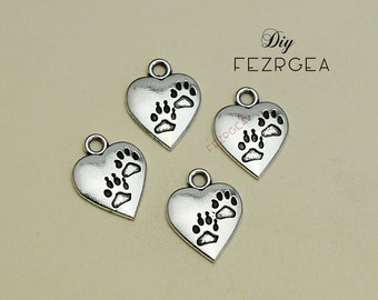 40PCS--17x14mm, Antique silver Love my dog charms. With Heart Dog Paw pendants