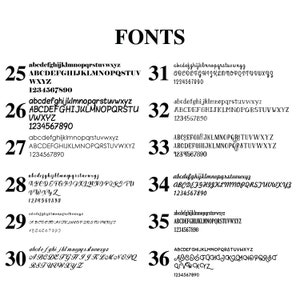May include: A white background displays the word "FONTS" in a bold, black serif font. Below, 12 different font styles are shown, each with a sample alphabet and numbers 1234567890. Each font is numbered from 25 to 36.