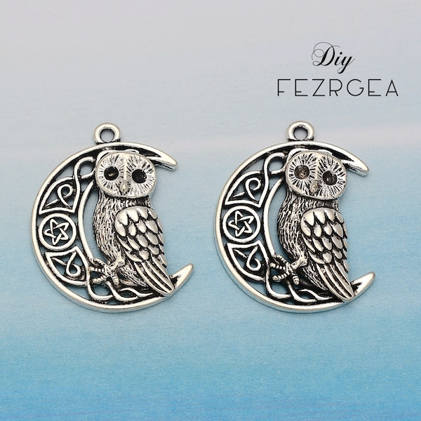 5pcs--26x33mm Antique Silver Color Charms Viking Owl, Moon With Owl, DIY Jewelry Making Accessories