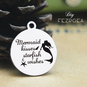 Mermaid Stainless Steel Charm, Sirène personnalisée baisers étoiles de mer souhaite Laser Charmes gravés, Bangle Charms