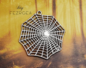 3PCS--58x50mm, Antique silver Spiderweb charms . Halloween charm spider pendants.