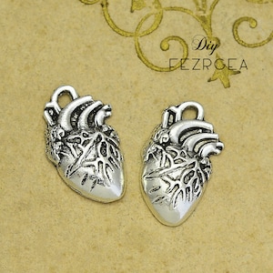 Può includere: Due ciondoli a forma di cuore anatomico argentati con un anello in cima per attaccarli a gioielli o artigianato.
