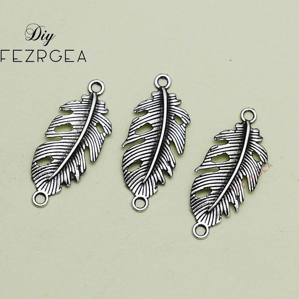 30PCS--32x13mm, Antique silver Peacock Feather connectors. Bird Feathers pendants.