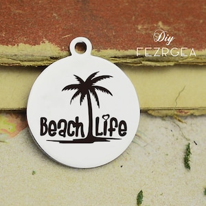 Beach life Stainless Steel Charm,Personalized coconut tree Engraved Charms,Custom charms/Pendants,Necklace Bangle Charms