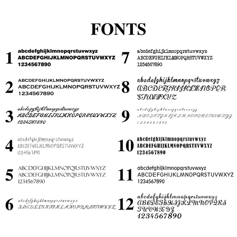 May include: A black and white image showcasing a variety of font styles. The word "FONTS" is at the top. Twelve different font examples are displayed, each with lowercase and uppercase alphabets, and numbers.