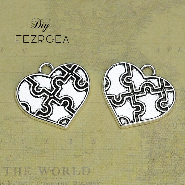 10PCS Antique silver Heart Charms. Jigsaw puzzle Heart pendants. CM0004