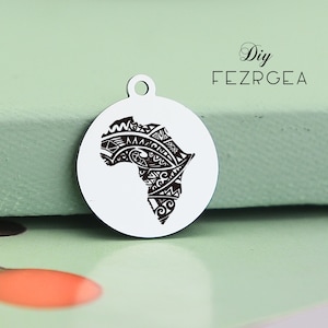 Africa carte Stainless Steel Charm, Customized Africa Flower map Graved Charms, Custom charms/Pendants,Collier Charms WE875