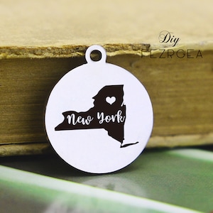 Carte de New York Stainless Steel Charm, Carte personnalisée de New York USA Charmes gravés, Charmes personnalisés/Pendants, Charms De bangle de Collier