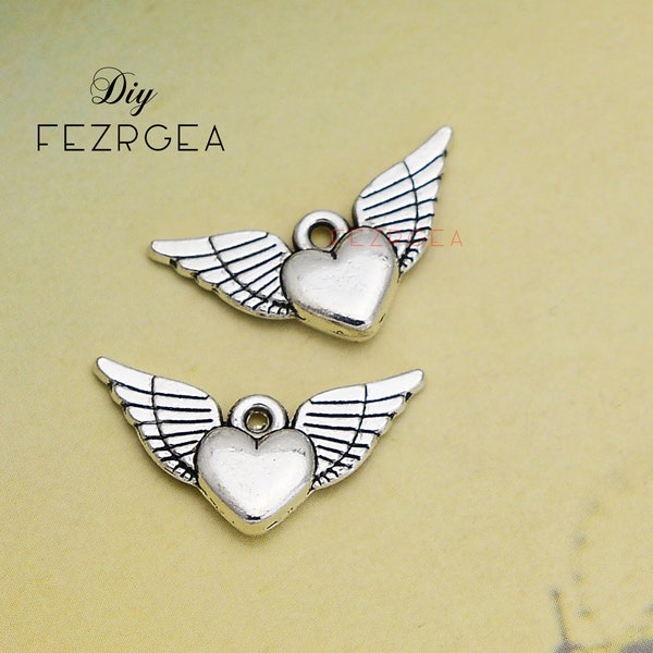 15PCS-25x14mm, Antique silver Winged Heart charms.2 Sides Angel Wings pendants.