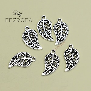 50PCS--19x11mm, Antique silver Leaf charms. Plants pendants.