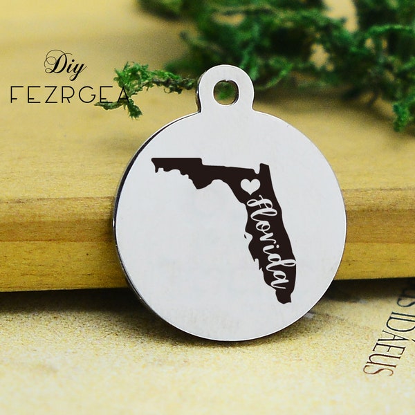 Florida map Stainless Steel Charm,Personalized Map of Florida USA Engraved Charms,Custom charms/Pendants,Necklace Bangle Charms