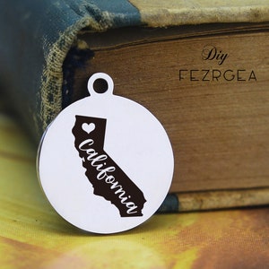 Carte de la Californie Stainless Steel Charm, Carte personnalisée de la Californie USA Charmes gravés, Charmes personnalisés / Pendants, Necklace Bangle Charms