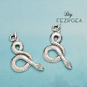 May include: Two silver snake charms with a textured surface. The charms are in the shape of a snake curled up with its tail in its mouth.