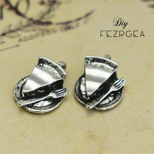 15PCS Antique silver Pizza charms. a slice of cake and fork pendants. CY023