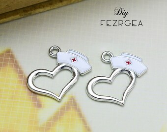 5PCS Antique silver Nurse cap charms. heart and Nurse pendants. CM502
