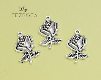 25PCS--25x18mm, Antique silver Rose flower charms. Flower pendants.