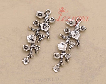10PCS Antique Silver Plum Flower Connector Charms. Floral