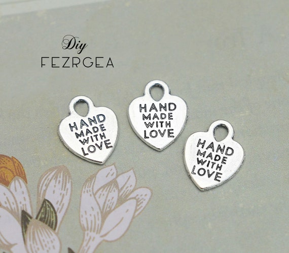 50PCS Antique silver made with love Charms.2 sides Valentine Word Bulk pendants. CY1767