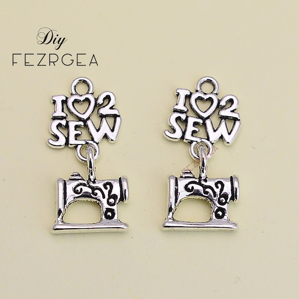 10PCS--24x12mm, Antique silver I Love Sew charms.2 sides Sewing pendants.