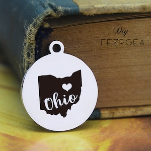 Carte de l'Ohio Stainless Steel Charm, Carte personnalisée de l'Ohio USA Charmes gravés, Charmes personnalisés / Pendants, Necklace Bangle Charms