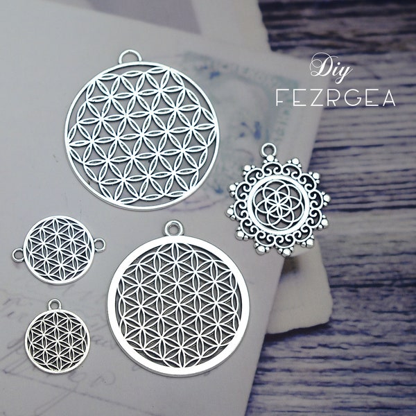 Flower of life Antique silver charms . Large life flower pendants. CM200