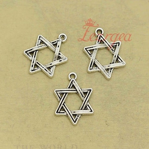 May include: Three silver-colored Star of David charms. Each charm features a six-pointed star design with a loop at the top for attaching to jewelry. The charms are displayed on a neutral-toned background.