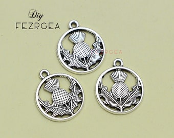 25ST--16x19mm, antieke zilveren distel bloem charmes. Zilveren Schotse distel bloem stampen.