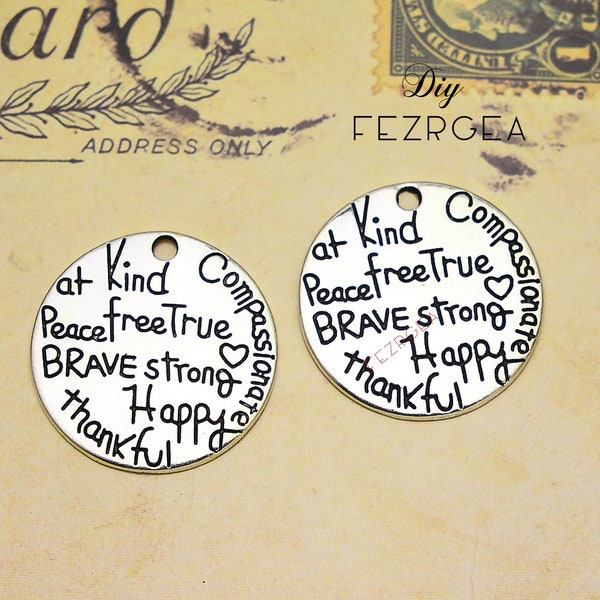 15PCS--25x25mm, Antique silver words Charms.kind free true peace strong happy thankful brave pendants.