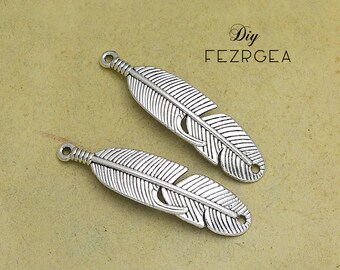 6 Antique Silver Tone Peacock Feather Charms - B226
