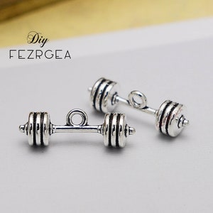 15PCS--25x18mm, Antique silver Barbell charms. 3D WeightLifting Gym pendants.